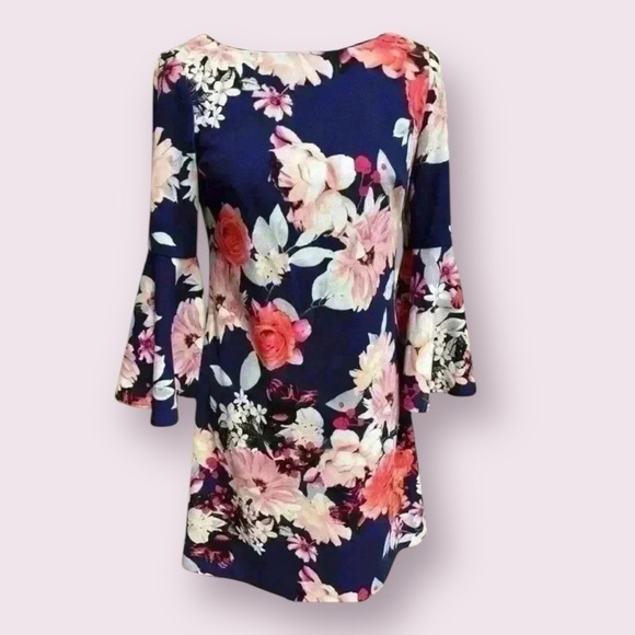 ELIZA J PINK& BLUE FLORAL SPECIAL OCCASION BELL SLEEVE CASUAL SUMMER DRESS SZ 6 - Picture 2 of 10